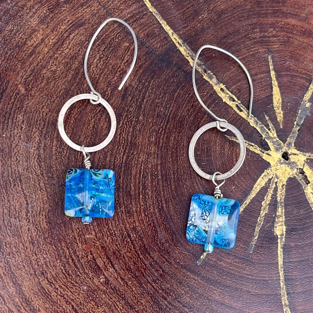 Blue Art Glass Earrings in sterling silver Womens bohemian jewelry art to wear